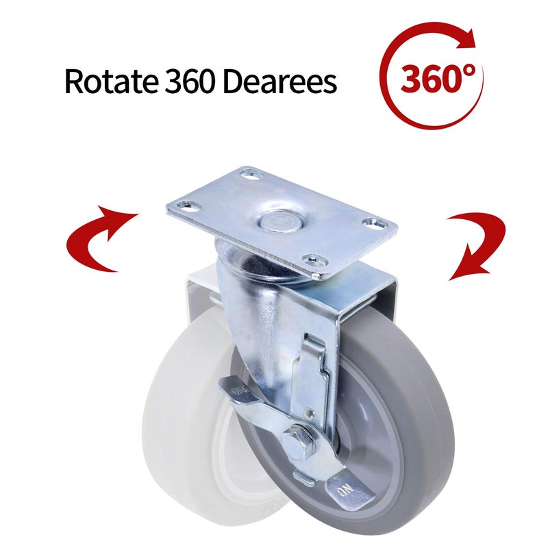 DGQ 5" Caster wheels Heavy Duty Premium Commercial Grade Non-Marking Set of 4 (2 Rigid, 2 Swivel with Brakes) - Image 2